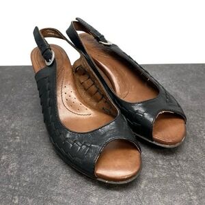 Naya FANDANGA Black‎ Leather Slingback Peep Toe Pumps Women's US 6 M Bamboo Heel